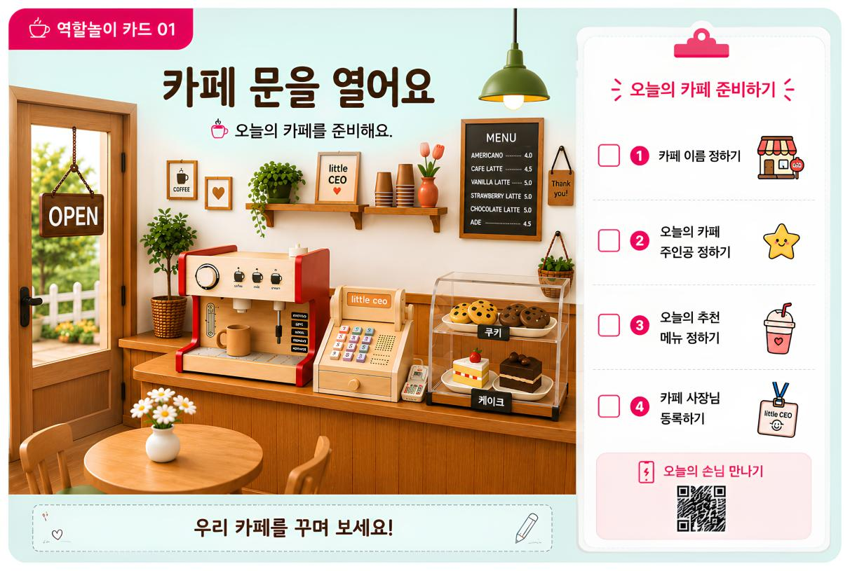 카페 문을 열고 오늘의 카페를 준비하는 역할 흐름카드 예시